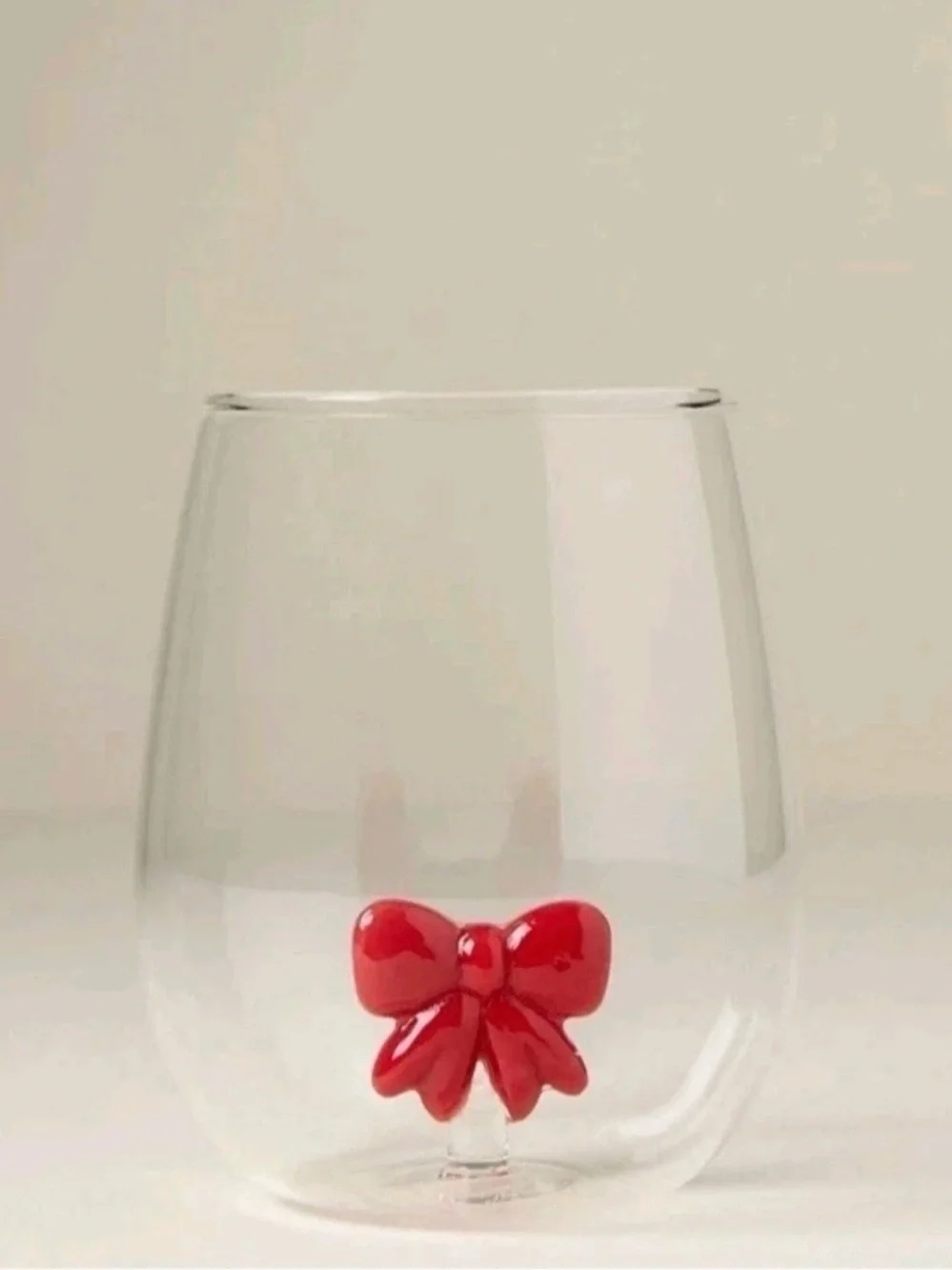 Anthropologie Jolly Icon Stemless Wine Glass Red Bow NWT